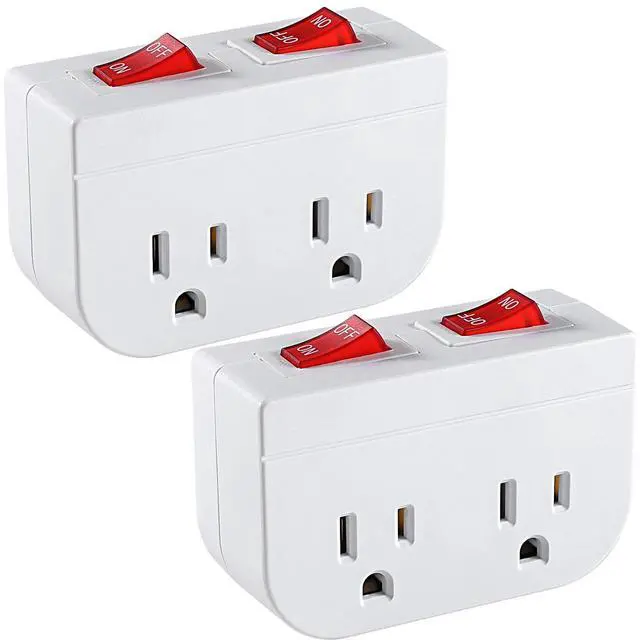 Main image of Grounded Outlet with Double ON Off Switch,VSEER 2 Port Electrical Outlet Plug Switch 15A 1875W / Wall Tap Adapter with Daul Red Indicator, ETL Listed (White 2-Pack)