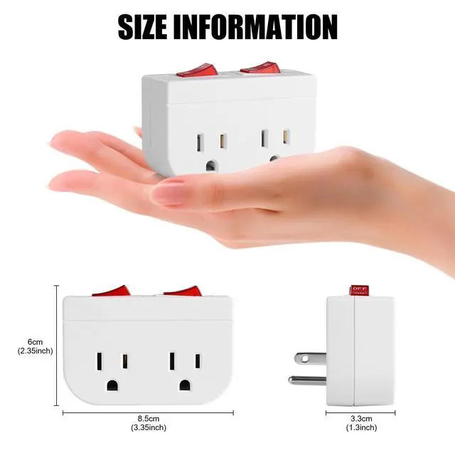 Alt view image 2 of 7 - Grounded Outlet with Double ON Off Switch,VSEER 2 Port Electrical Outlet Plug Switch 15A 1875W / Wall Tap Adapter with Daul Red Indicator, ETL Listed (White 2-Pack)