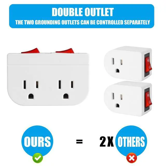 Alt view image 4 of 7 - Grounded Outlet with Double ON Off Switch,VSEER 2 Port Electrical Outlet Plug Switch 15A 1875W / Wall Tap Adapter with Daul Red Indicator, ETL Listed (White 2-Pack)