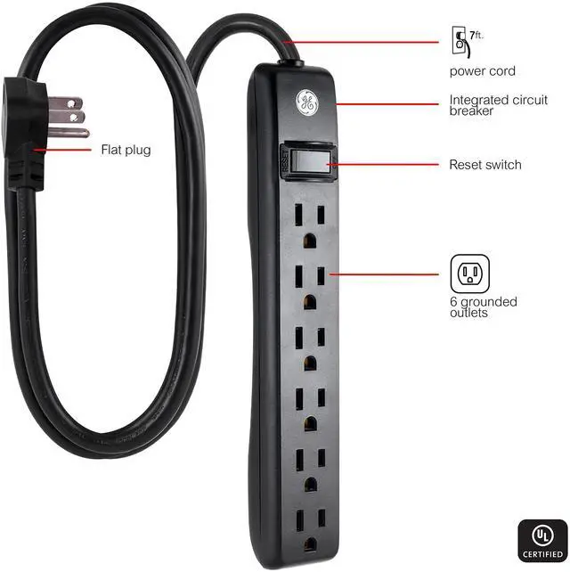 Alt view image 3 of 7 - Power Strip, 6 Outlet Extender, 7 Ft Extension Cord