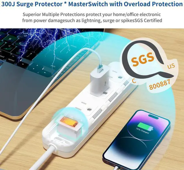 Alt view image 5 of 6 - Flat Plug Power Strip Surge Protector 3 Outlets, Extension Cord 6 ft 3 Prong, 300J, 10A/1250W, Overload Protection Switch, Plug Strip for Home Office, Child Safety Slide Outlet Covers, SGS Approved