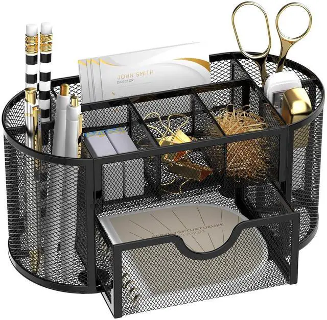 Main image of Desk Organizer with Drawer, 9-Compartment Pen Holder for Desk, Black