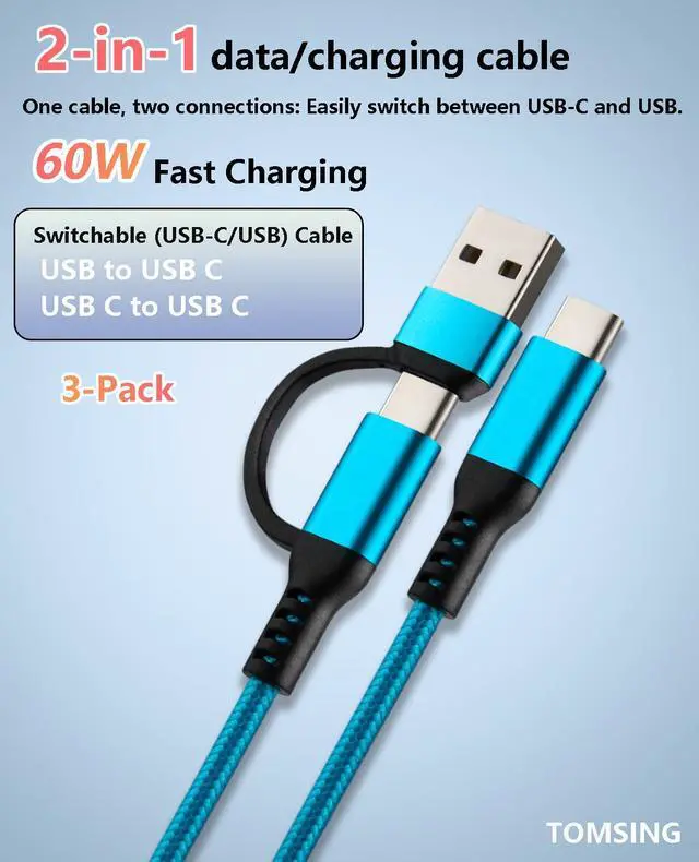 Alt view image 2 of 7 - 2-in-1 USB C to USB C 60W Fast Charging Cable USB to USB C3Pack 6.6FT Braided Type C Charger Cord for iPhone 15 16 Pro Max, for Samsung Galaxy S24 S23,Tablets, laptops and More Blue