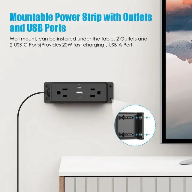 Alt view image 2 of 7 - Wall Mount Power Strip with USB Ports, Under Desk Mountable Power Strip with Outlets, 6FT Flat Plug Extension Cord Outlet, 20W USB-C Ports.