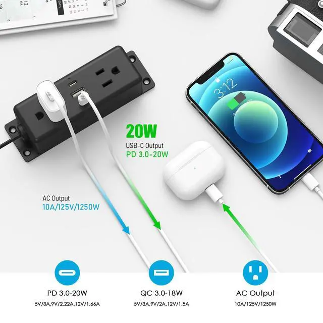 Alt view image 4 of 7 - Wall Mount Power Strip with USB Ports, Under Desk Mountable Power Strip with Outlets, 6FT Flat Plug Extension Cord Outlet, 20W USB-C Ports.