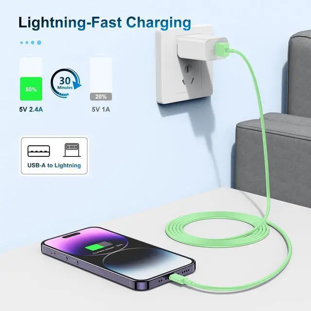Alt view image 4 of 7 - 3 Pack Apple MFi Certified Charger Cable 10 Ft, Lightning to USB Cable Cord 10 Foot, 2.4A Fast Charging,Apple Phone 10 Feet Long Chargers for iPhone 14/13/12/11/X/XS/XR/SE/8/7 Plus Pro Max Mini Green
