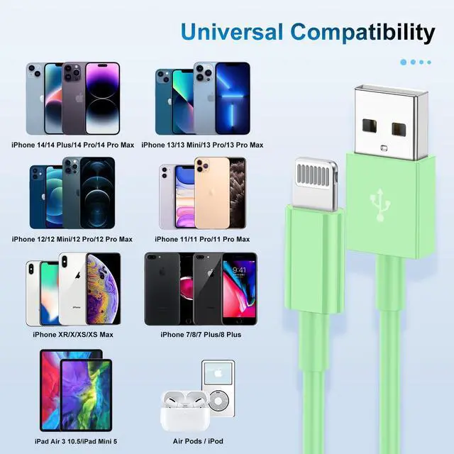 Alt view image 6 of 7 - 3 Pack Apple MFi Certified Charger Cable 10 Ft, Lightning to USB Cable Cord 10 Foot, 2.4A Fast Charging,Apple Phone 10 Feet Long Chargers for iPhone 14/13/12/11/X/XS/XR/SE/8/7 Plus Pro Max Mini Green