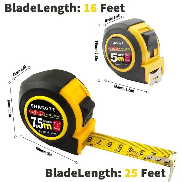 Alt view image 2 of 7 - 2 Packs Tape Measure 25 ft /16 ft, Steel Measuring Tape Retractable, 25-Foot /16-Foot Basics Self-Locking Measurement Auto Lock Tape Rule Imperial/Metric Tape Measure for Body Measurements