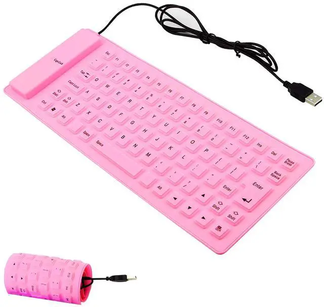 Main image of Foldable Silicone Keyboard, 85-Key Silent Portable Silicone Wired Keyboard, USB Interface Connection, Soft Rubber, Rollable, Lightweight, Waterproof, Dustproof, for Desktops, Notebooks, TravelPink
