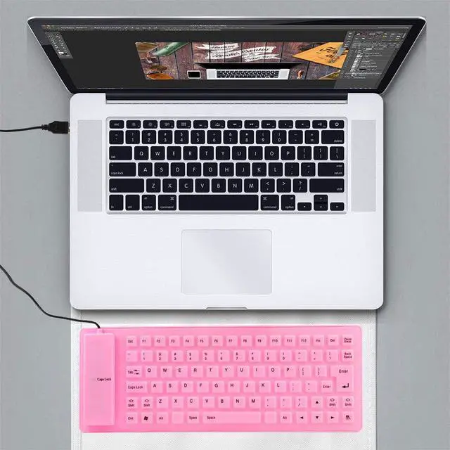 Alt view image 3 of 7 - Foldable Silicone Keyboard, 85-Key Silent Portable Silicone Wired Keyboard, USB Interface Connection, Soft Rubber, Rollable, Lightweight, Waterproof, Dustproof, for Desktops, Notebooks, TravelPink