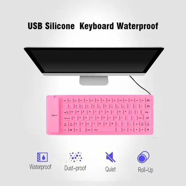 Alt view image 5 of 7 - Foldable Silicone Keyboard, 85-Key Silent Portable Silicone Wired Keyboard, USB Interface Connection, Soft Rubber, Rollable, Lightweight, Waterproof, Dustproof, for Desktops, Notebooks, TravelPink