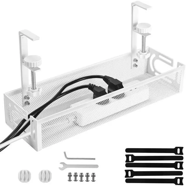 Main image of Under Desk Cable Management Tray Small Clamp-Mounted Wire Organizer & Cord Management Under Desk Holder, No-Drill Metal Cable Tray for Home Office (White)