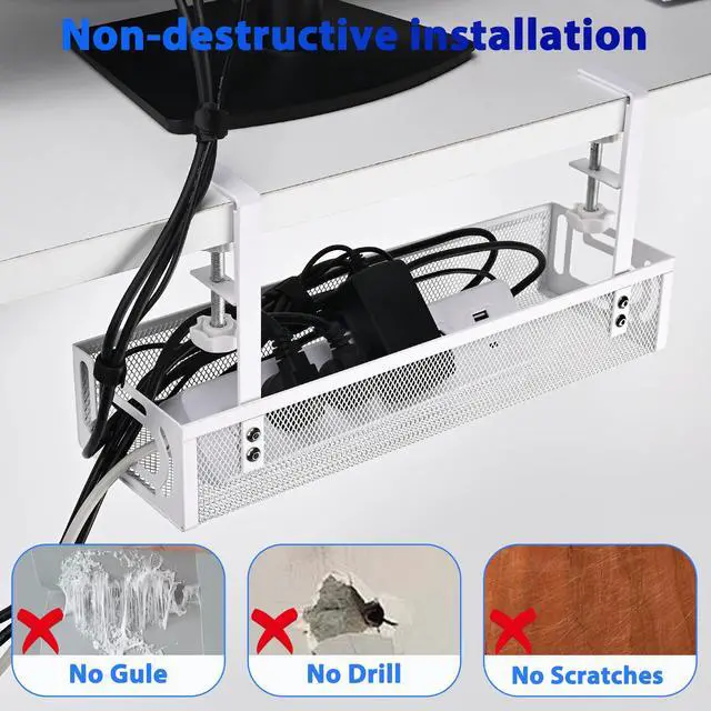 Alt view image 3 of 7 - Under Desk Cable Management Tray Small Clamp-Mounted Wire Organizer & Cord Management Under Desk Holder, No-Drill Metal Cable Tray for Home Office (White)
