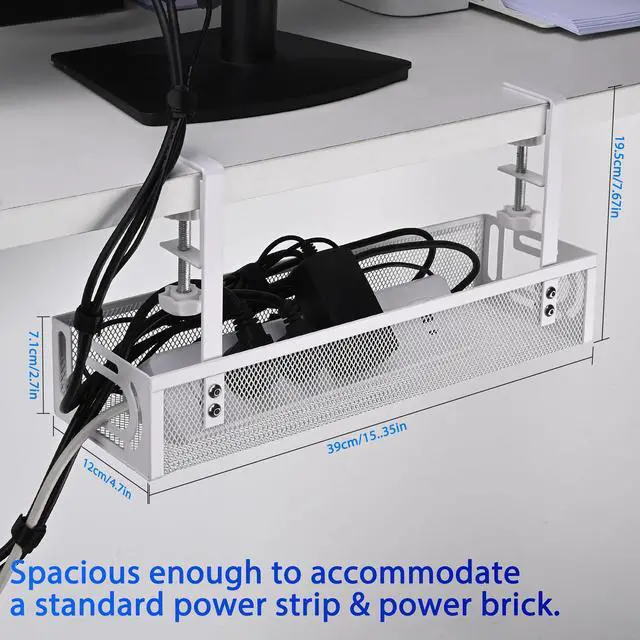 Alt view image 4 of 7 - Under Desk Cable Management Tray Small Clamp-Mounted Wire Organizer & Cord Management Under Desk Holder, No-Drill Metal Cable Tray for Home Office (White)