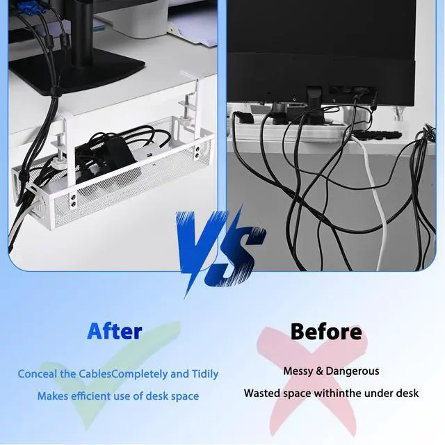 Alt view image 5 of 7 - Under Desk Cable Management Tray Small Clamp-Mounted Wire Organizer & Cord Management Under Desk Holder, No-Drill Metal Cable Tray for Home Office (White)