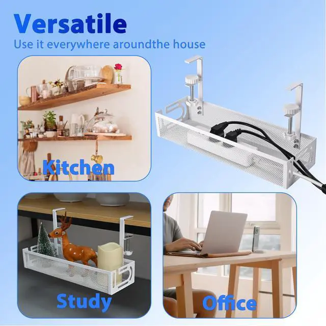 Alt view image 6 of 7 - Under Desk Cable Management Tray Small Clamp-Mounted Wire Organizer & Cord Management Under Desk Holder, No-Drill Metal Cable Tray for Home Office (White)