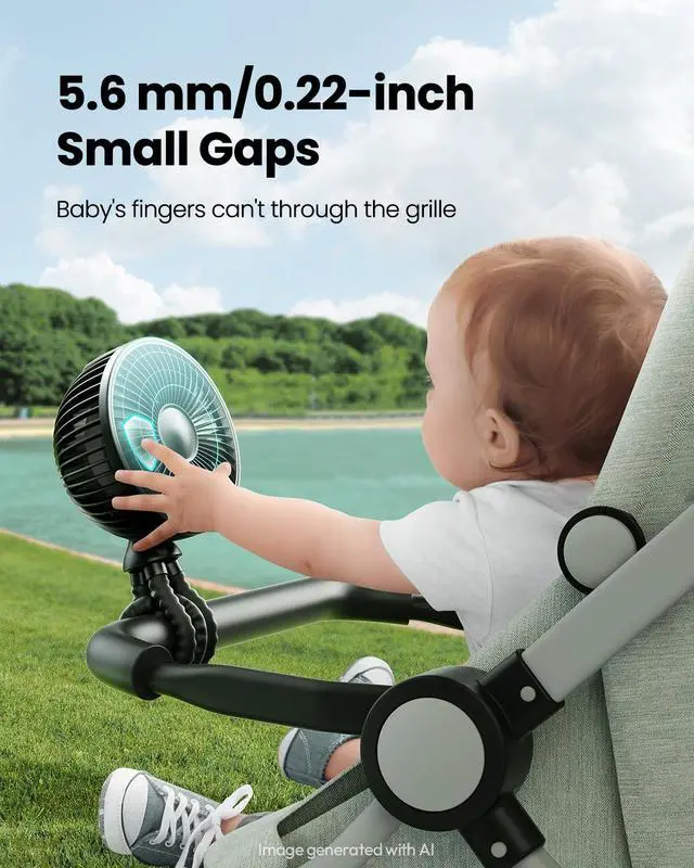 Alt view image 3 of 7 - Oscillating Baby Stroller Fan with LED Night Light, 4 Speeds Cooling Rechargeable 360° Rotate Clip On, Battery Operated Small Portable Fans for Car Seat Crib Treadmill Travel Black