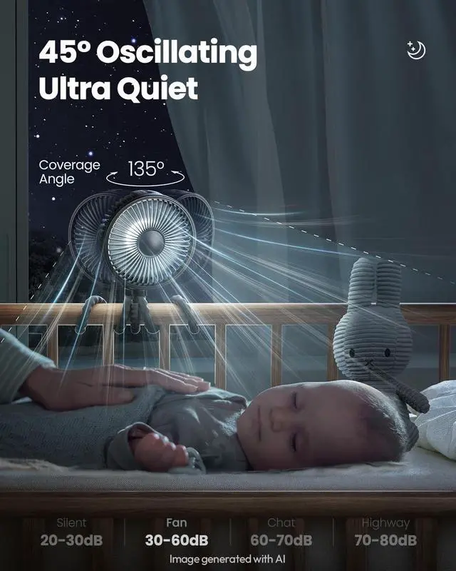 Alt view image 4 of 7 - Oscillating Baby Stroller Fan with LED Night Light, 4 Speeds Cooling Rechargeable 360° Rotate Clip On, Battery Operated Small Portable Fans for Car Seat Crib Treadmill Travel Black