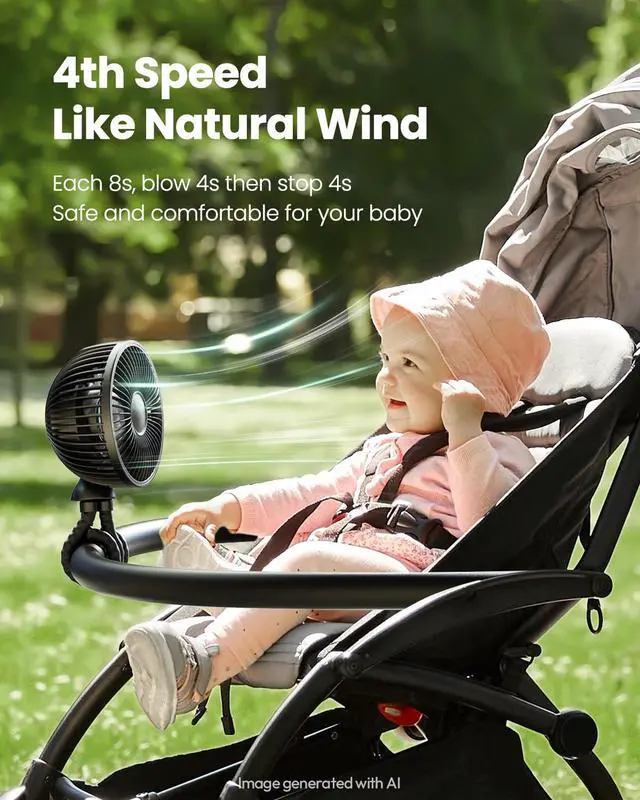 Alt view image 5 of 7 - Oscillating Baby Stroller Fan with LED Night Light, 4 Speeds Cooling Rechargeable 360° Rotate Clip On, Battery Operated Small Portable Fans for Car Seat Crib Treadmill Travel Black