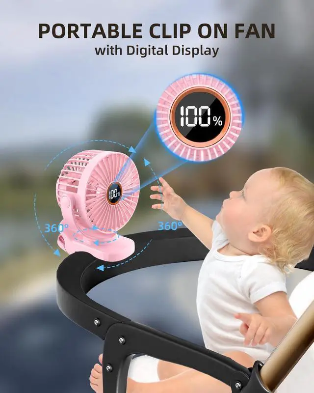 Alt view image 2 of 7 - Mini Clip on Fan, Battery Operated Desk Fan, Digital display3 Speeds Adjustable, Bidirectional 360 ° Adjustable, Super Strong Wind, Portable Fan for Home, Office, Camping