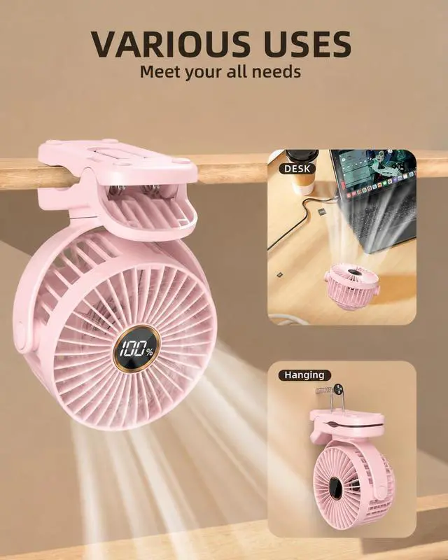 Alt view image 3 of 7 - Mini Clip on Fan, Battery Operated Desk Fan, Digital display3 Speeds Adjustable, Bidirectional 360 ° Adjustable, Super Strong Wind, Portable Fan for Home, Office, Camping
