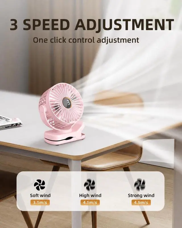 Alt view image 5 of 7 - Mini Clip on Fan, Battery Operated Desk Fan, Digital display3 Speeds Adjustable, Bidirectional 360 ° Adjustable, Super Strong Wind, Portable Fan for Home, Office, Camping
