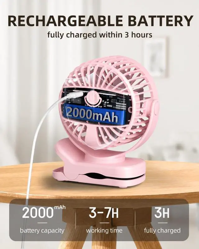 Alt view image 6 of 7 - Mini Clip on Fan, Battery Operated Desk Fan, Digital display3 Speeds Adjustable, Bidirectional 360 ° Adjustable, Super Strong Wind, Portable Fan for Home, Office, Camping