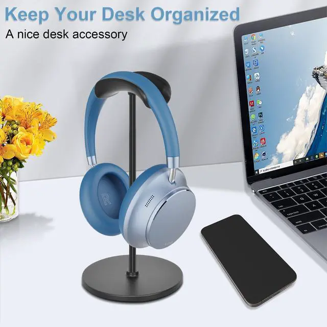 Alt view image 5 of 7 - Headphone Stand, Curved Headset Stand with Aluminum Rod ABS Solid Base Gaming Headset Holder for Desk Headphone Accessories for Organization and Display, Black