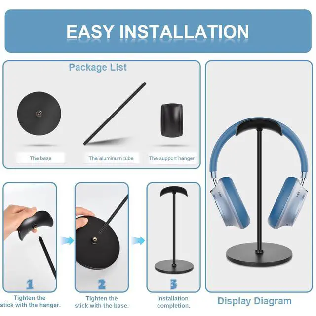 Alt view image 4 of 7 - Headphone Stand, Curved Headset Stand with Aluminum Rod ABS Solid Base Gaming Headset Holder for Desk Headphone Accessories for Organization and Display, Black