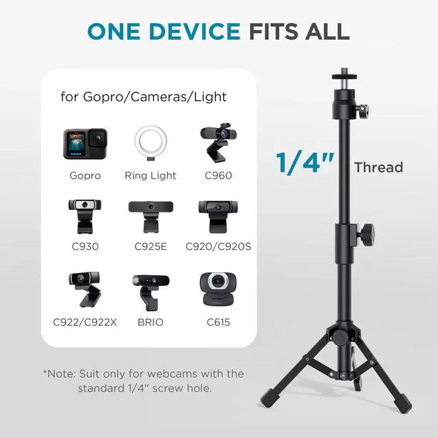 Alt view image 6 of 6 - Webcam Tripod, Extendable Webcam Stand for Desk Camera Stand Mount with Phone Holder for Webcam C922 C930e C920S C920 C615 C960 C920x BRIO 4K NexiGo N60, Right Light, GoPro with 1/4" Thread
