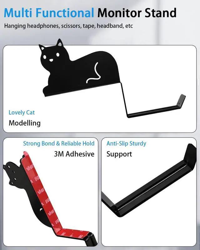 Alt view image 3 of 5 - Monitor Stand, Puppy Tail Hook for Headphone, Saves Desk Space and Protects Headphones, Organizer Decorative Hanger for Hanging Keys Cables and More (Black (Cat))