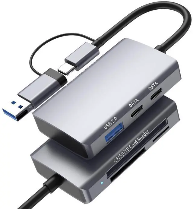 Main image of 6-in-1 CF/SD/TF Card Reader with Dual USB-C Hub - USB 3.0 Card Reader Adapter for Computer/Android/Micro SD/, Memory Stick Pro Duo Adapter, 5Gbps High-Speed Data Transfer