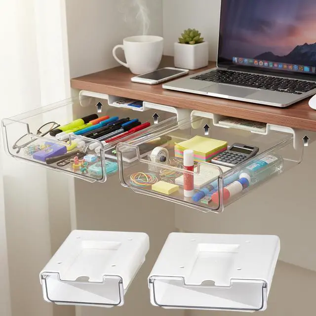 Main image of 2 Pack Under Desk Hanging Drawer Slide Pull Out, Attachable Clear Acrylic Storage Tray, Easy Hidden Self Adhesive Mount Cabinet Shelf Holder for Tables, Home & Office, Counters, Workstation