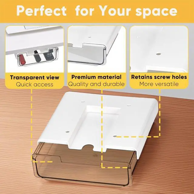 Alt view image 3 of 7 - 2 Pack Under Desk Hanging Drawer Slide Pull Out, Attachable Clear Acrylic Storage Tray, Easy Hidden Self Adhesive Mount Cabinet Shelf Holder for Tables, Home & Office, Counters, Workstation