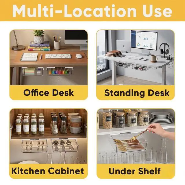 Alt view image 4 of 7 - 2 Pack Under Desk Hanging Drawer Slide Pull Out, Attachable Clear Acrylic Storage Tray, Easy Hidden Self Adhesive Mount Cabinet Shelf Holder for Tables, Home & Office, Counters, Workstation