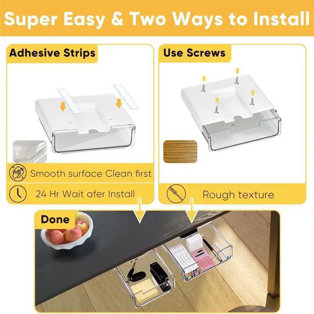 Alt view image 6 of 7 - 2 Pack Under Desk Hanging Drawer Slide Pull Out, Attachable Clear Acrylic Storage Tray, Easy Hidden Self Adhesive Mount Cabinet Shelf Holder for Tables, Home & Office, Counters, Workstation