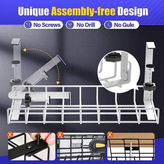 Alt view image 2 of 6 - Under Desk Cable Management Tray, Xpatee Upgraded Wire Management No Drill No Screws, Cable Tray with Clamp for Wire Organizers, Computer Cord Rack for Office, Home - No Damage to Desk White