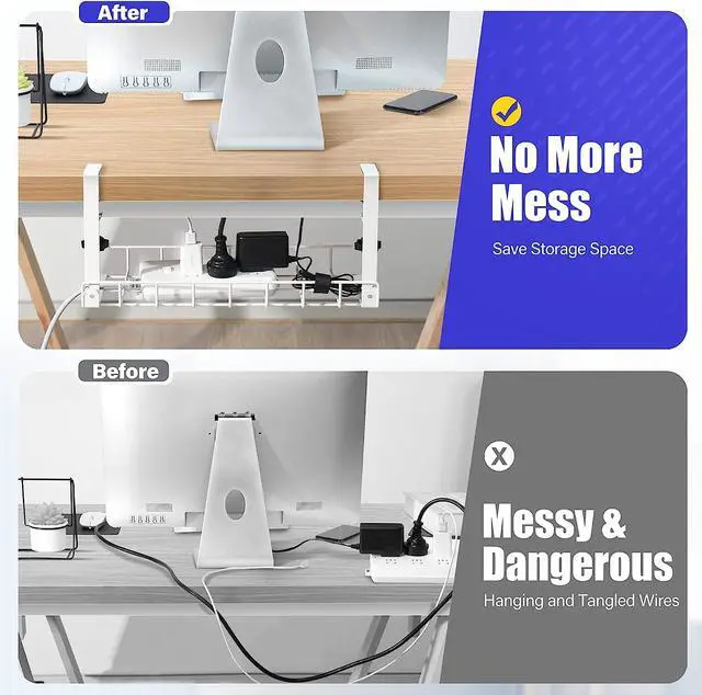 Alt view image 3 of 6 - Under Desk Cable Management Tray, Xpatee Upgraded Wire Management No Drill No Screws, Cable Tray with Clamp for Wire Organizers, Computer Cord Rack for Office, Home - No Damage to Desk White