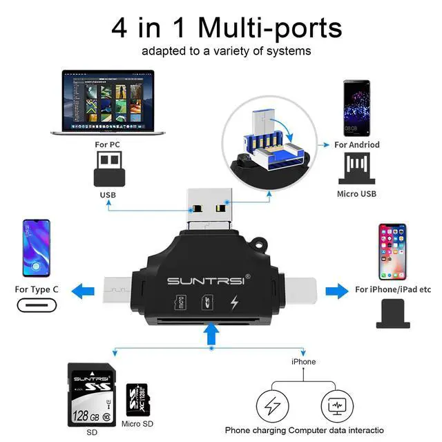 Alt view image 3 of 7 - 4 in 1 SD Card Reader for iPhone ipad Android Mac PC Camera,Micro SD Card Reader SD Card Adapter Portable Memory Card Reader Trail Camera Viewer for SD and TF Card