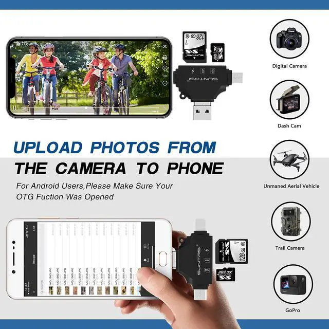 Alt view image 4 of 7 - 4 in 1 SD Card Reader for iPhone ipad Android Mac PC Camera,Micro SD Card Reader SD Card Adapter Portable Memory Card Reader Trail Camera Viewer for SD and TF Card