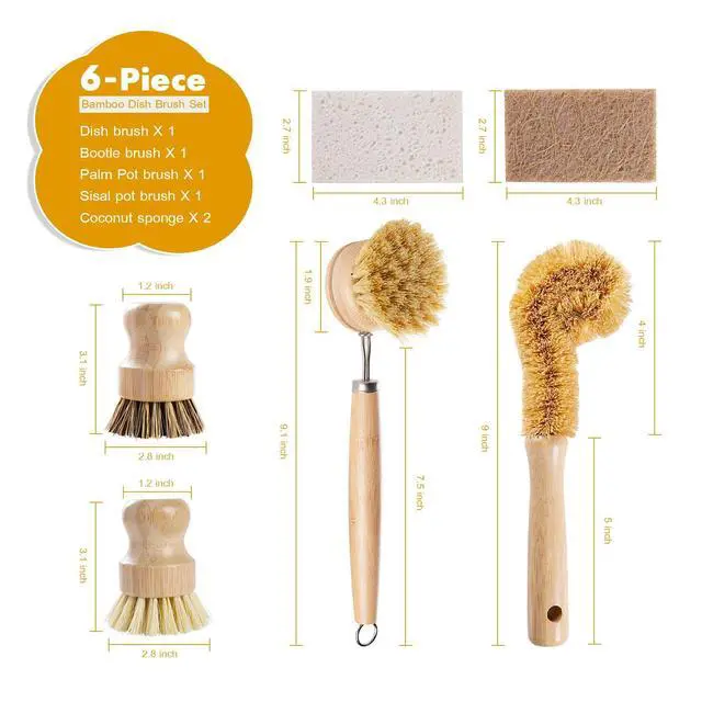 Alt view image 2 of 7 - 6-Piece Bamboo Dish Brush Set with Coconut Sponge