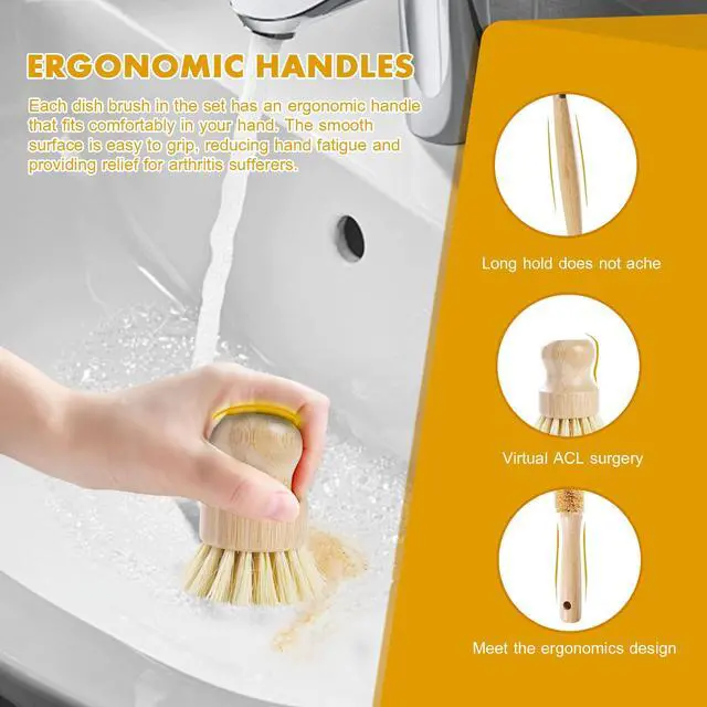 Alt view image 3 of 7 - 6-Piece Bamboo Dish Brush Set with Coconut Sponge