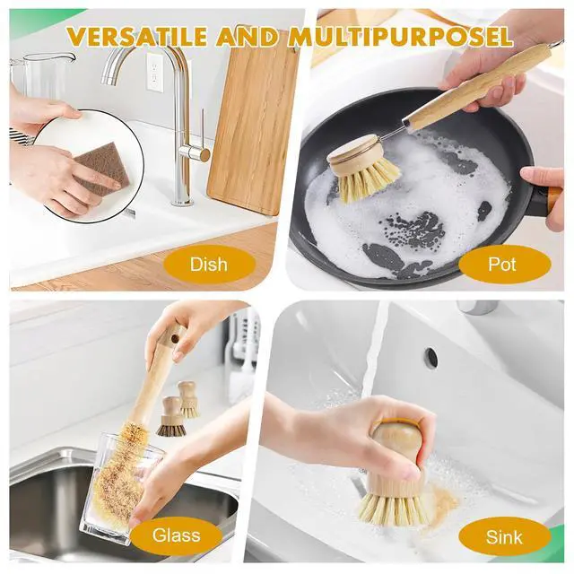 Alt view image 5 of 7 - 6-Piece Bamboo Dish Brush Set with Coconut Sponge