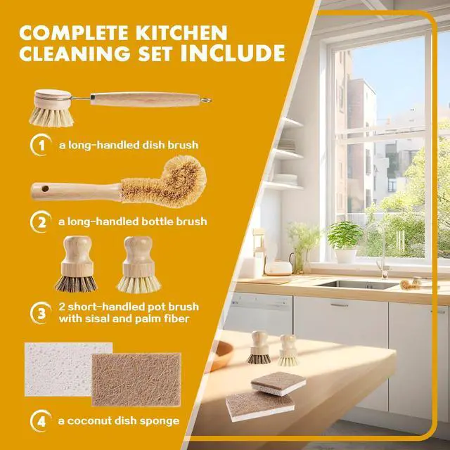 Alt view image 6 of 7 - 6-Piece Bamboo Dish Brush Set with Coconut Sponge