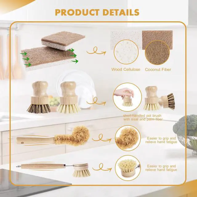 Alt view image 4 of 7 - 6-Piece Bamboo Dish Brush Set with Coconut Sponge