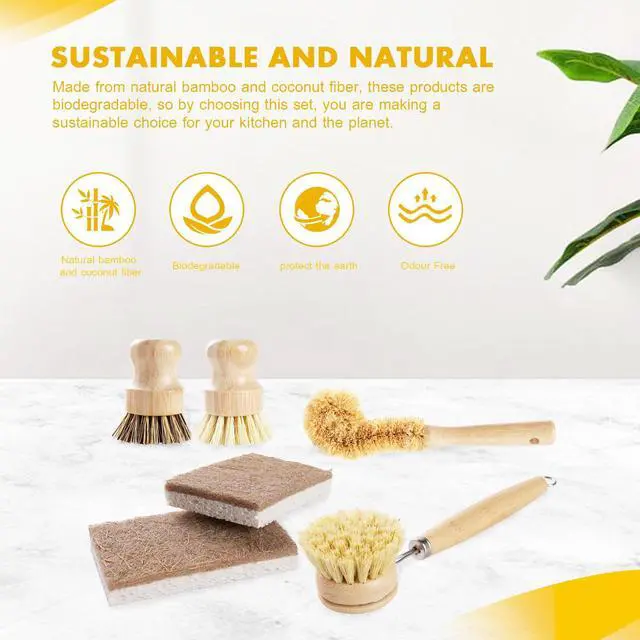 Alt view image 7 of 7 - 6-Piece Bamboo Dish Brush Set with Coconut Sponge