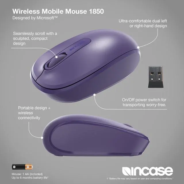 Alt view image 2 of 7 - Wireless Mobile Mouse 1850 Designed by Microsoft Compact, Comfortable, Right/Left Hand Use, 6-Month Battery Life, Nano Transceiver, Works with Mac/Windows 8/10/11 (Purple)