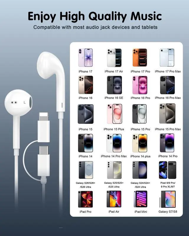 Alt view image 5 of 7 - Upgraded iPhone Headphones Wired, 2-in-1 Lightning/USB C Earbuds Wired
