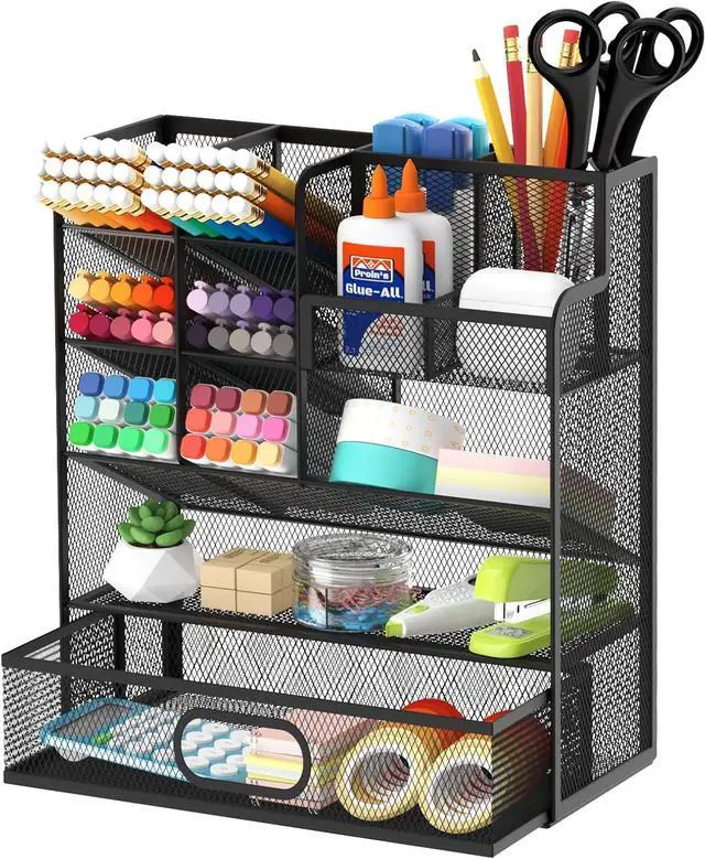 Main image of Mesh Pen Organizer for Desk, 13 Compartments with Drawer, Black