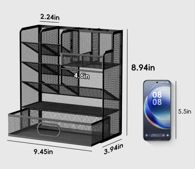 Alt view image 2 of 7 - Mesh Pen Organizer for Desk, 13 Compartments with Drawer, Black